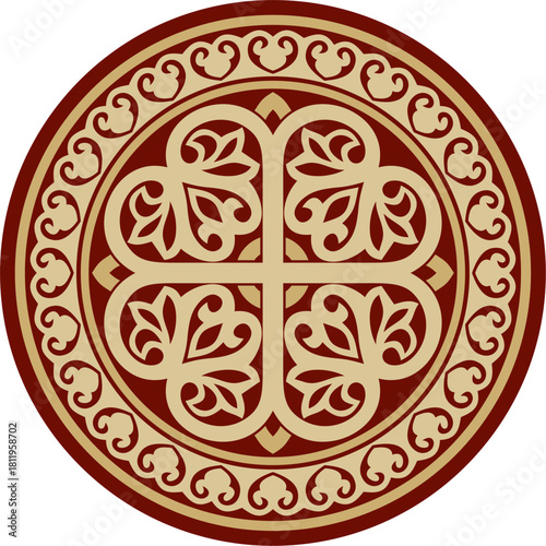 Vector gold and red round ancient Byzantine ornament. Classical circle of the Eastern Roman Empire, Greece. Pattern motifs of Constantinople.