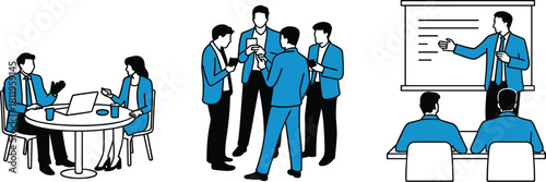 Three Stages of Corporate Collaboration Vector Set: One-on-One Meeting, Group Teamwork Discussion, and Formal Presentation Training for Professional Development and Strategy.