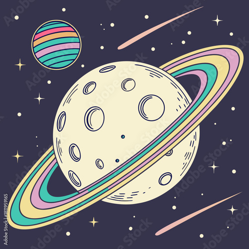 Colorful Ringed Planet with Smaller Planet and Meteors space stars