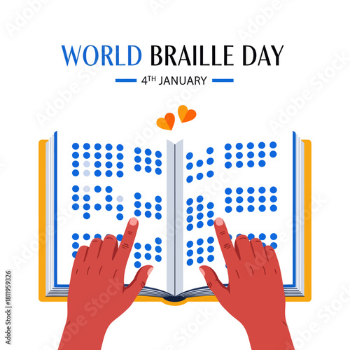 Illustration of World Braille Day showing hands reading a Braille book, symbolizing accessibility, literacy, and support for the visually impaired community