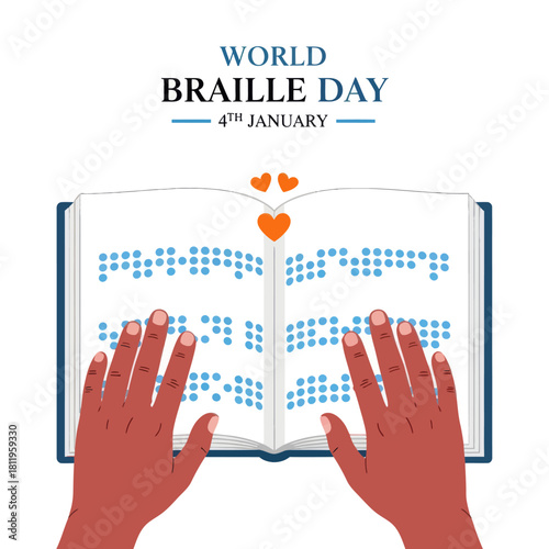 Illustration of World Braille Day showing hands reading a Braille book, symbolizing accessibility, literacy, and support for the visually impaired community