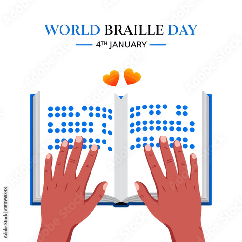 Illustration of World Braille Day showing hands reading a Braille book, symbolizing accessibility, literacy, and support for the visually impaired community