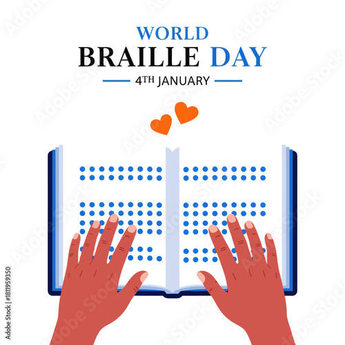 Illustration of World Braille Day showing hands reading a Braille book, symbolizing accessibility, literacy, and support for the visually impaired community