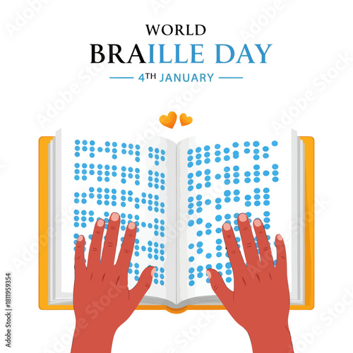 Illustration of World Braille Day showing hands reading a Braille book, symbolizing accessibility, literacy, and support for the visually impaired community
