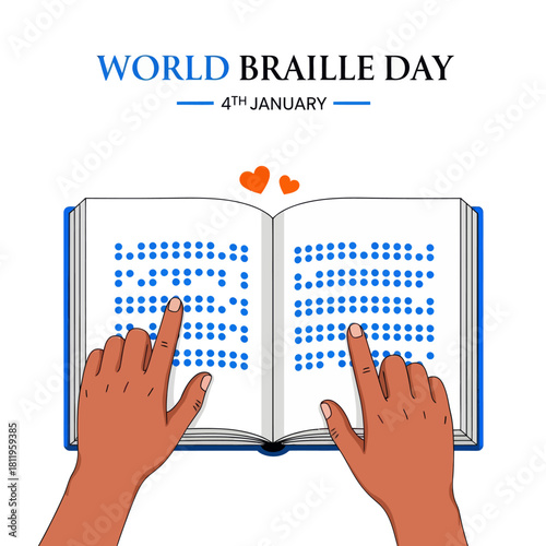 Illustration of World Braille Day showing hands reading a Braille book, symbolizing accessibility, literacy, and support for the visually impaired community
