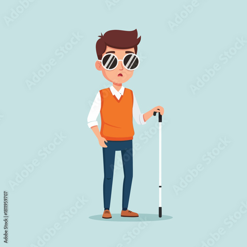 A blind man with sunglasses holding a white cane, illustrated in a flat modern style. Perfect for disability awareness, accessibility concepts, and inclusive design themes.