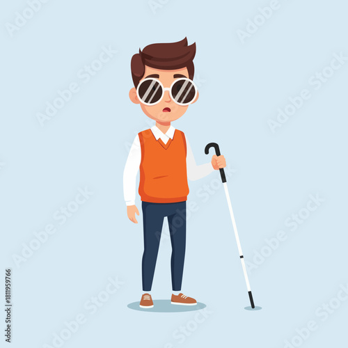 A blind man with sunglasses holding a white cane, illustrated in a flat modern style. Perfect for disability awareness, accessibility concepts, and inclusive design themes.