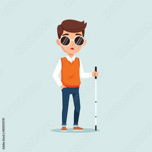 A blind man with sunglasses holding a white cane, illustrated in a flat modern style. Perfect for disability awareness, accessibility concepts, and inclusive design themes.