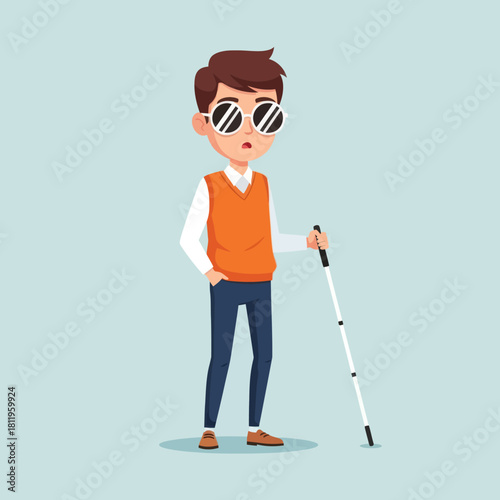 A blind man with sunglasses holding a white cane, illustrated in a flat modern style. Perfect for disability awareness, accessibility concepts, and inclusive design themes.