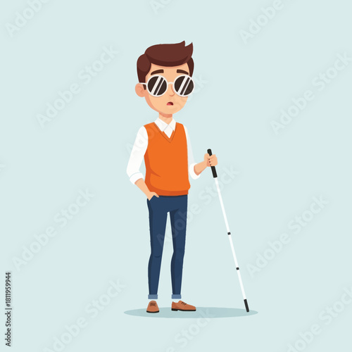 A blind man with sunglasses holding a white cane, illustrated in a flat modern style. Perfect for disability awareness, accessibility concepts, and inclusive design themes.