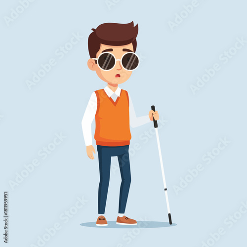 A blind man with sunglasses holding a white cane, illustrated in a flat modern style. Perfect for disability awareness, accessibility concepts, and inclusive design themes.