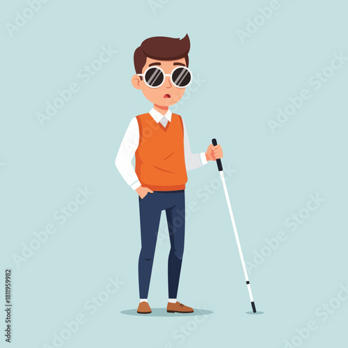A blind man with sunglasses holding a white cane, illustrated in a flat modern style. Perfect for disability awareness, accessibility concepts, and inclusive design themes.