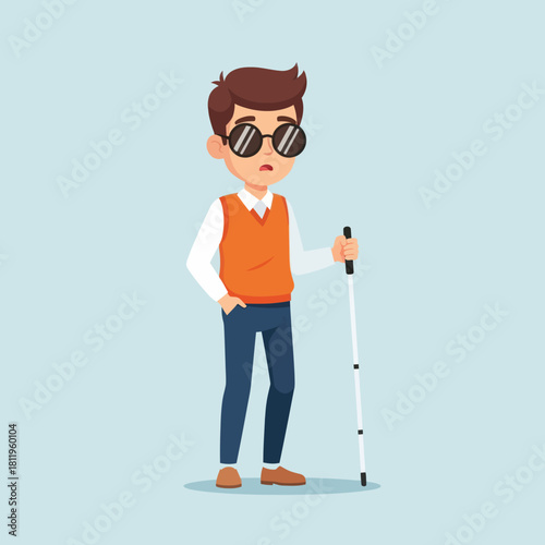 A blind man with sunglasses holding a white cane, illustrated in a flat modern style. Perfect for disability awareness, accessibility concepts, and inclusive design themes.