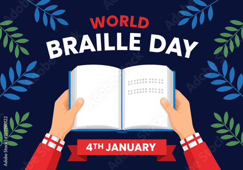 Illustration celebrating World Braille Day with hands holding an open Braille book, highlighting accessibility, inclusion, and support for the visually impaired on January 4th.