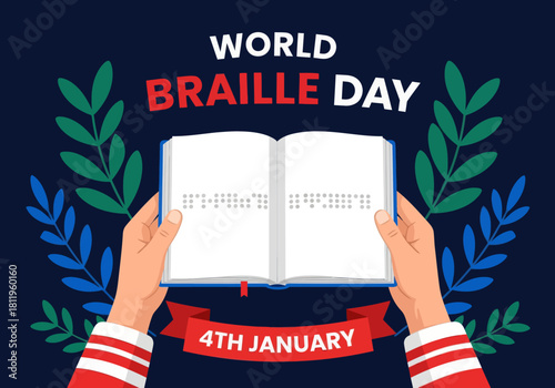 Illustration celebrating World Braille Day with hands holding an open Braille book, highlighting accessibility, inclusion, and support for the visually impaired on January 4th.