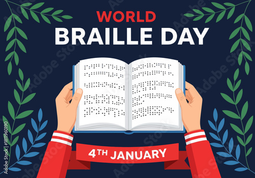 Illustration celebrating World Braille Day with hands holding an open Braille book, highlighting accessibility, inclusion, and support for the visually impaired on January 4th.