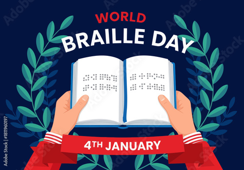 Illustration celebrating World Braille Day with hands holding an open Braille book, highlighting accessibility, inclusion, and support for the visually impaired on January 4th.