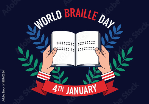 Illustration celebrating World Braille Day with hands holding an open Braille book, highlighting accessibility, inclusion, and support for the visually impaired on January 4th.