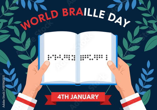 Illustration celebrating World Braille Day with hands holding an open Braille book, highlighting accessibility, inclusion, and support for the visually impaired on January 4th.