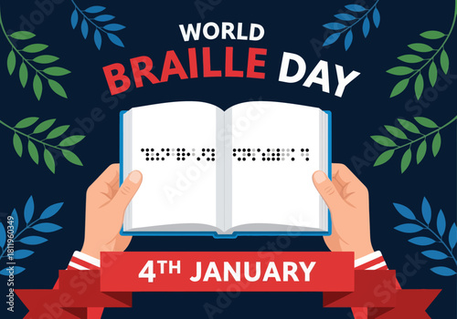 Illustration celebrating World Braille Day with hands holding an open Braille book, highlighting accessibility, inclusion, and support for the visually impaired on January 4th.