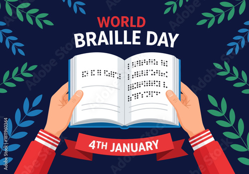 Illustration celebrating World Braille Day with hands holding an open Braille book, highlighting accessibility, inclusion, and support for the visually impaired on January 4th.