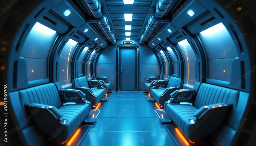 Obraz premium Futuristic blue corridor with sleek seats inside modern transport. High tech interior design features bright glowing lights, smooth surfaces. Empty cabin shows innovation for advanced travel in