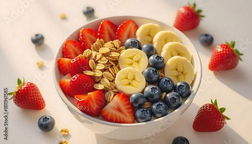 Healthy Breakfast Bowl with Oatmeal, Sliced Bananas, Fresh Strawberries, and Blueberries.