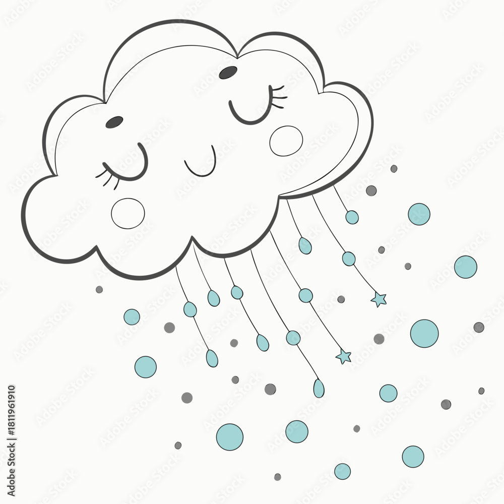 Obraz premium Cute Cartoon Cloud Raining Blue Drops And Stars Keywords: cloud, cartoon, cute, rain, raining