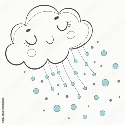 Cute Cartoon Cloud Raining Blue Drops And Stars Keywords: cloud, cartoon, cute, rain, raining