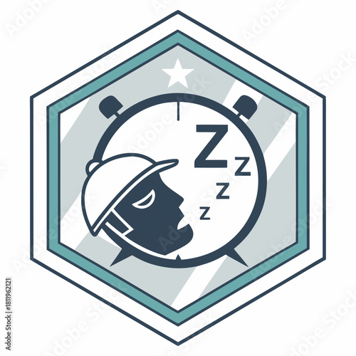 Hexagonal Badge with Sleeping Face, Alarm Clock, and Zzzs vector illustration