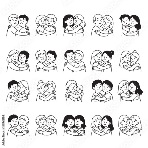 A black and white vector illustration depicting happy hugs between diverse couples in doodle style. International Hug Da