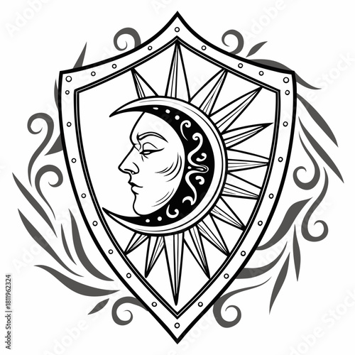 Sun and moon face on a shield with decorative swirls emblem