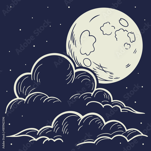 Full Moon and Cumulus Clouds in a Starry Night Sky Illustration stars