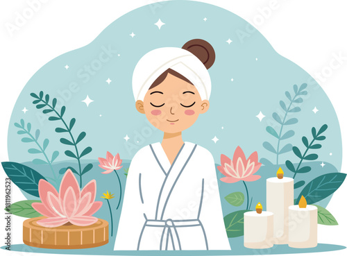 Beauty salon and spa doodle set. Skin care and natural treatment, natural cosmetics concept, time for yourself. Spa with aroma oil, nail file, sleep mask and other care items.	
