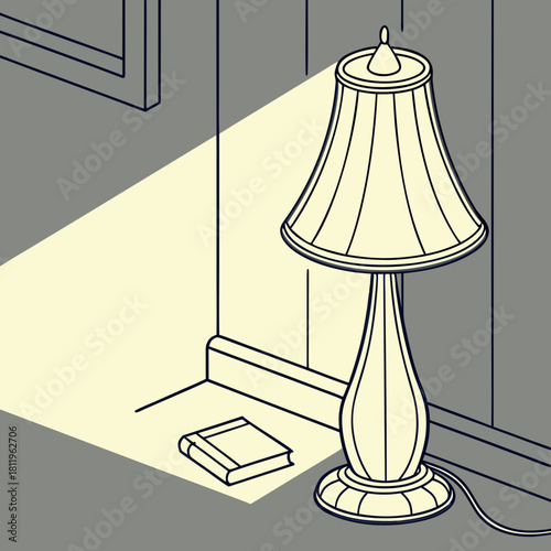 Table Lamp Shining Light on a Book in a Dimly Lit Room Keywords: lamp, table lamp, light, book