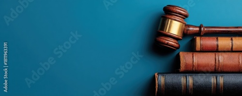 Law and Justice - Gavel and Books on Blue Background.