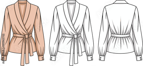Shawl collar wrap blouse, long sleeve top with tie belt, fashion flat sketch, vector apparel template, technical CAD garment illustration