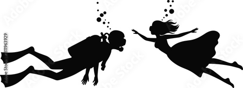 Black silhouettes of scuba diver man and woman in dress swimming towards each other underwater with bubbles, isolated on white background, vector.