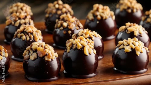 Gourmet Chocolate Truffles Topped with Chopped Nuts on a Wooden Platter with Soft Lighting and a Dark Background Perfect for Culinary Presentations and Advertisements