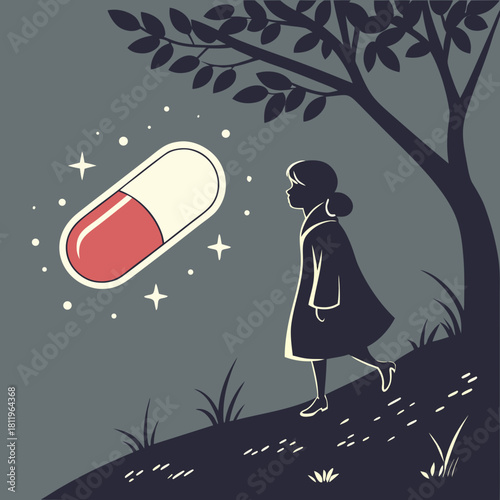 Girl Gazing at a Giant Glowing Pill Under a Tree child capsule