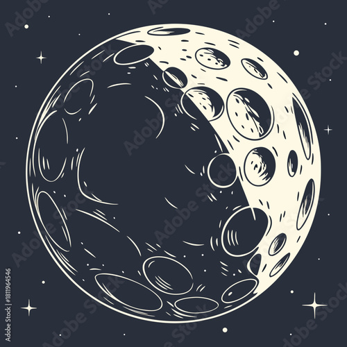 Stylized Full Moon with Craters and Stars Illustration celestial space