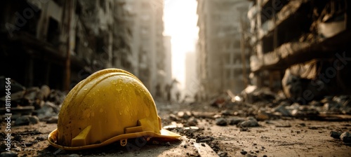 Hard Hat Amidst Ruins - A Symbol of Resilience and Recovery.