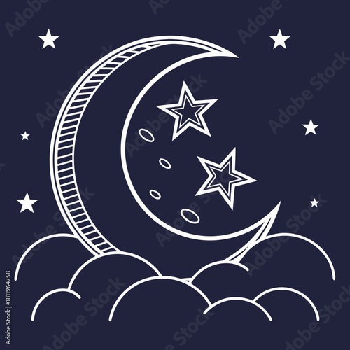 White outline of moon and stars above stylized clouds on dark blue background crescent