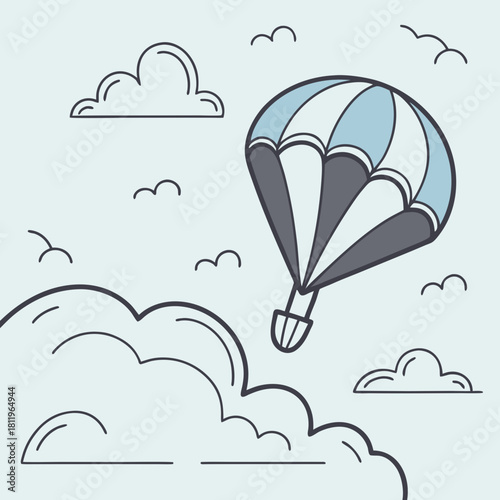Hand-drawn hot air balloon floating among cartoon clouds and birds airship flying
