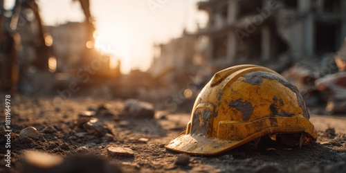 Hard Hat on Debris in Post-Disaster Landscape at Sunset.
