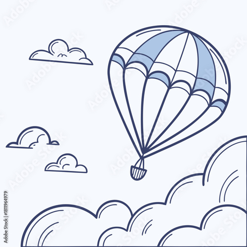 Outline illustration of a hot air balloon in a cloudy sky airship flying