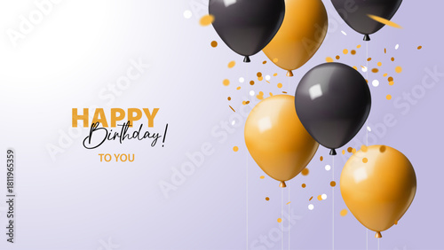 Happy Birthday poster with realistic balloons and confetti. Party, celebration, anniversary, event, greeting, gift store, decor, children entertainment concept. 3D vector illustration