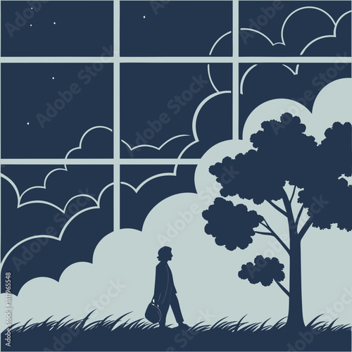 Silhouette of a Person Walking Past a Tree Under a Cloudy Night Sky clouds stars