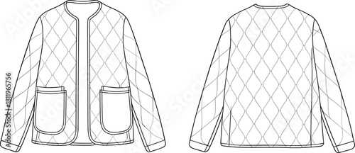 Quilted jacket vector template, front and back technical flat sketch with pockets, long sleeves, outerwear design illustration for fashion industry use