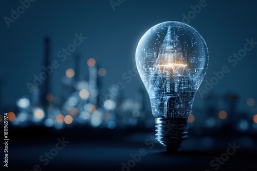 Illuminating Innovation - Light Bulb Against a Blurred Industrial Backdrop.